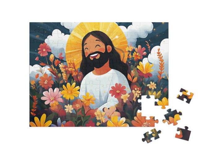 Puzzle 100 Teile „Jesus lachend auf einer Blumenwiese“