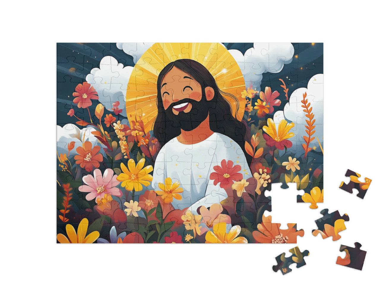 Puzzle 100 Teile „Jesus lachend auf einer Blumenwiese“