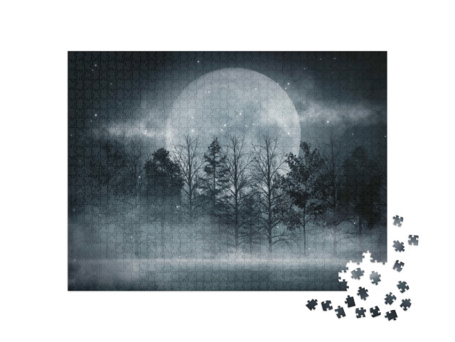 Puzzle 1000 Teile „Riesiger Vollmond über einem düsteren Wald“