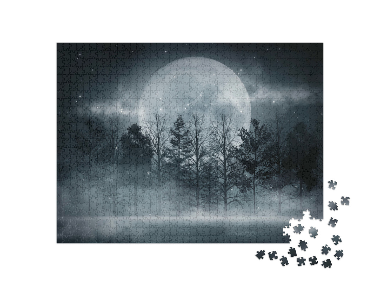 Puzzle 1000 Teile „Riesiger Vollmond über einem düsteren Wald“