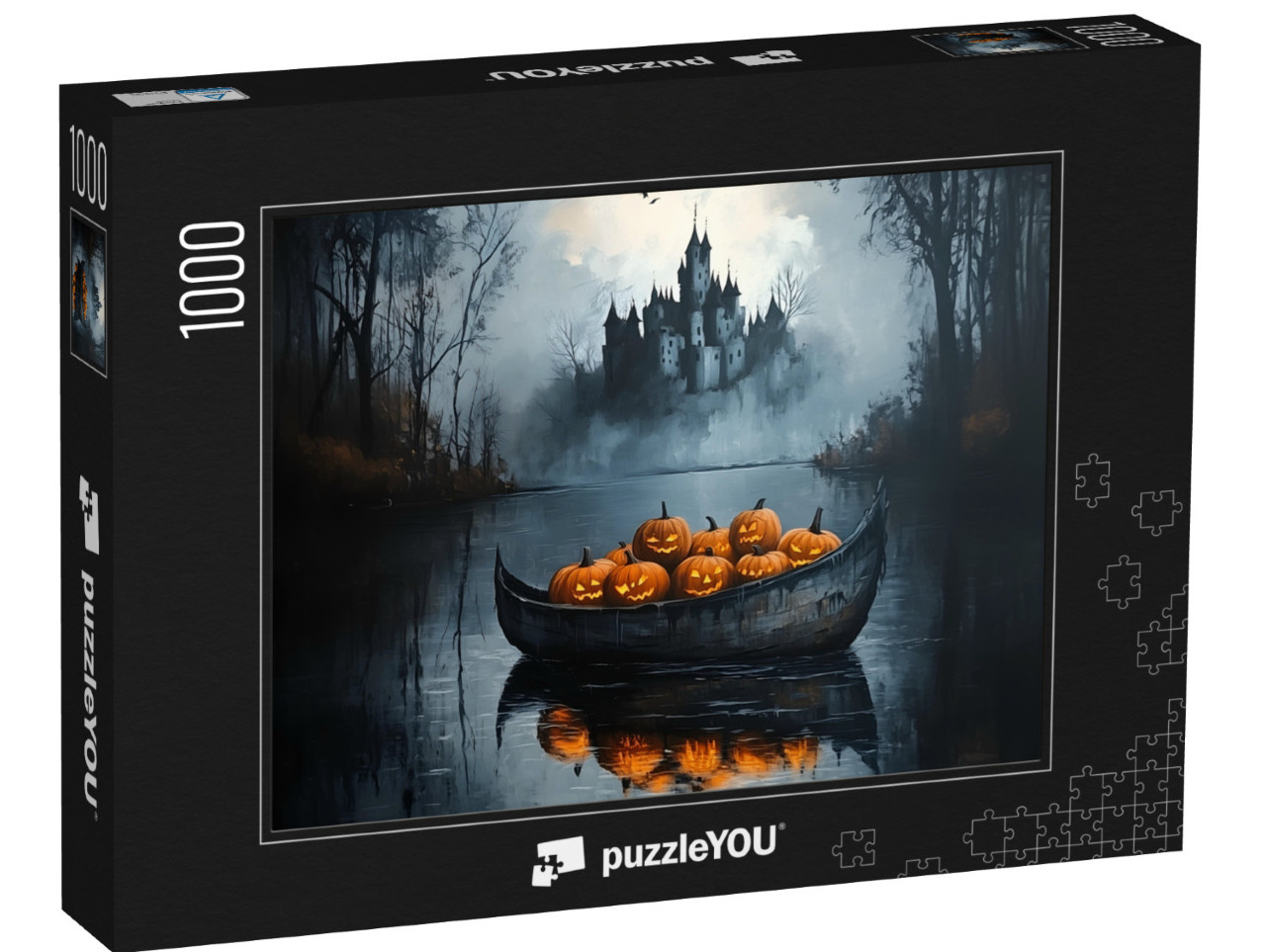 Puzzle 1000 Teile „Spukschloss mit einem Boot voller Kürbisse“