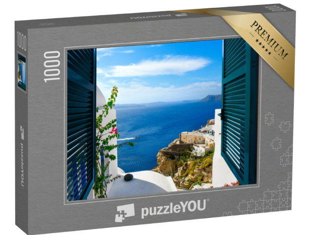 Puzzle 1000 Teile „Blick aus einem Fenster im Dorf Oia auf der Insel Santorin, Griechenland“