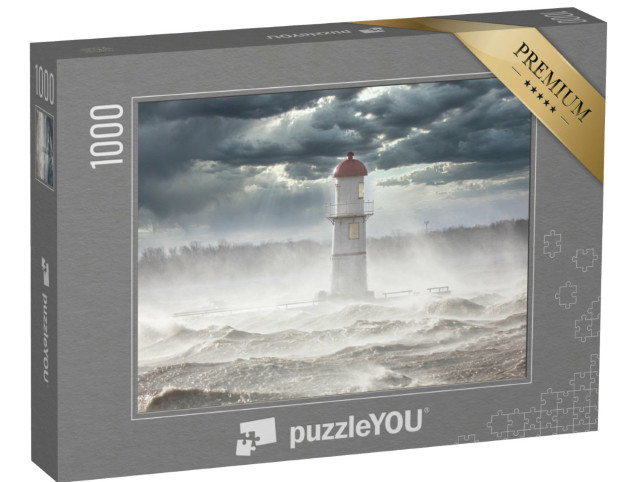 Puzzle 1000 Teile „Leuchtturm unter dunklen Wolken, von Sonnenstrahlen durchbrochen“