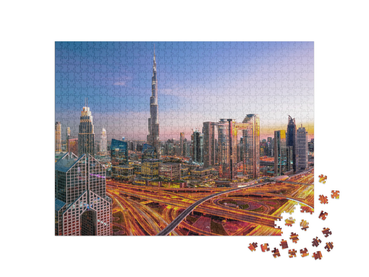 Puzzle 1000 Teile „Skyline des Stadtzentrums von Dubai, beeindruckendes Stadtbild mit Wolkenkratzern“