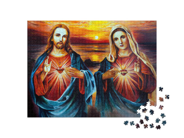 Puzzle 1000 Teile „Jesus Christus und Maria mit Herz, ein Ölgemälde“