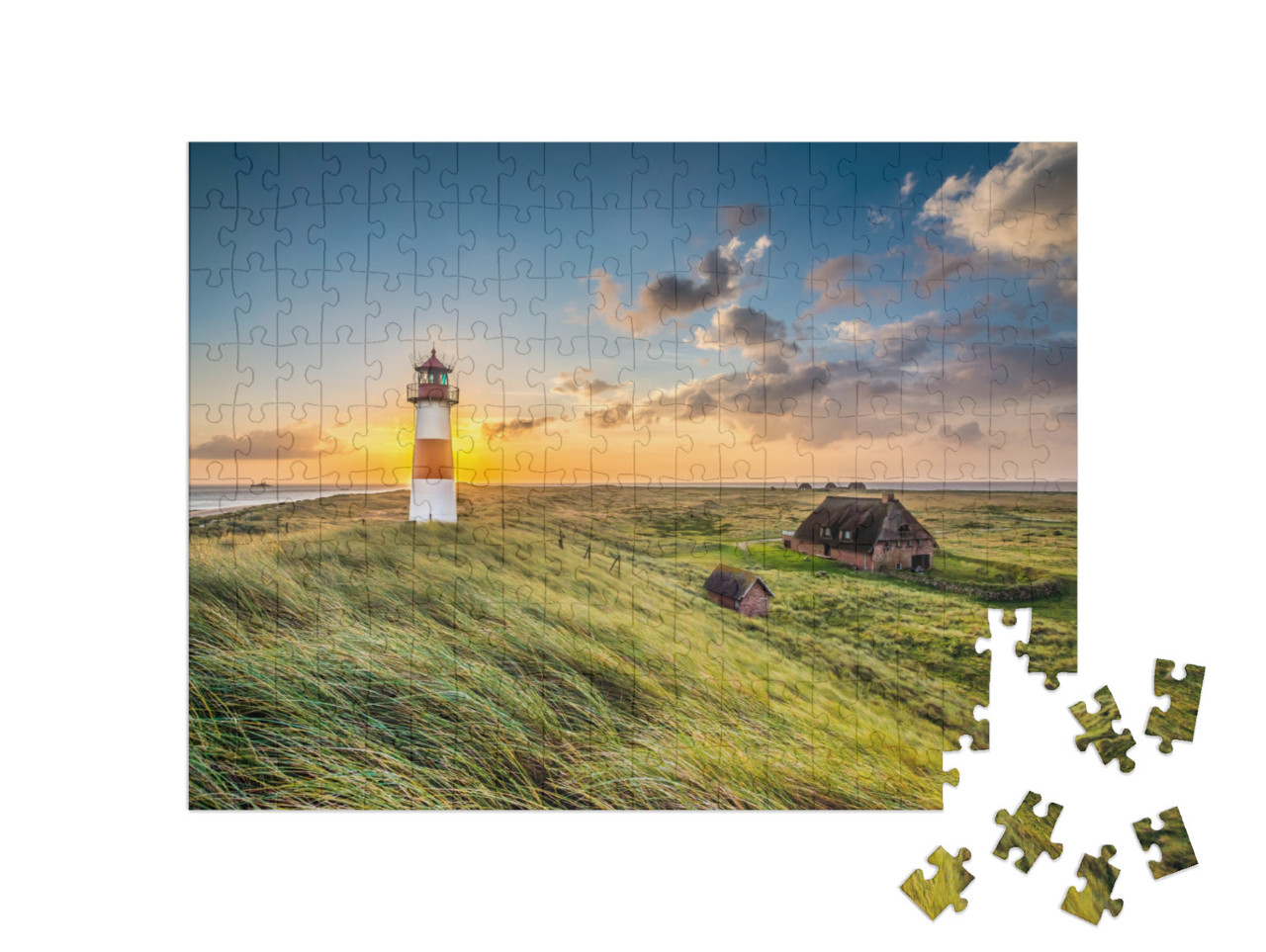 Puzzle 200 Teile „Sonnenaufgang am Leuchtturm in List auf Sylt, Schleswig-Holstein, Deutschland“