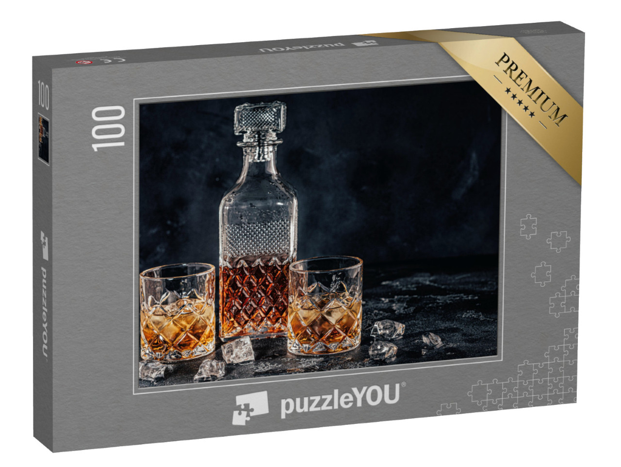 Puzzle 100 Teile „Whiskey-Gläser mit einem quadratischen Dekanter auf einem schwarzen Stein-Hintergrund“