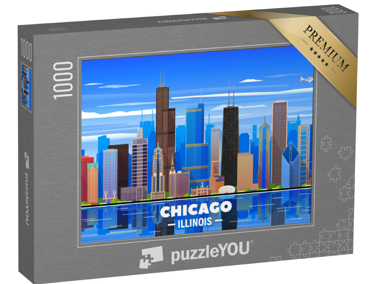 Puzzle 1000 Teile „Skyline von Chicago auf einem Hintergrund“