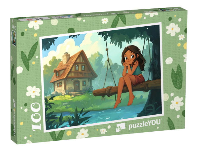 Puzzle 100 Teile „Das Naturkind auf seiner Holzschaukel am Bach“
