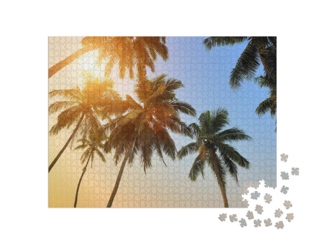 Puzzle 1000 Teile „Schöner tropischer Sonnenuntergang mit Palmen am Strand“