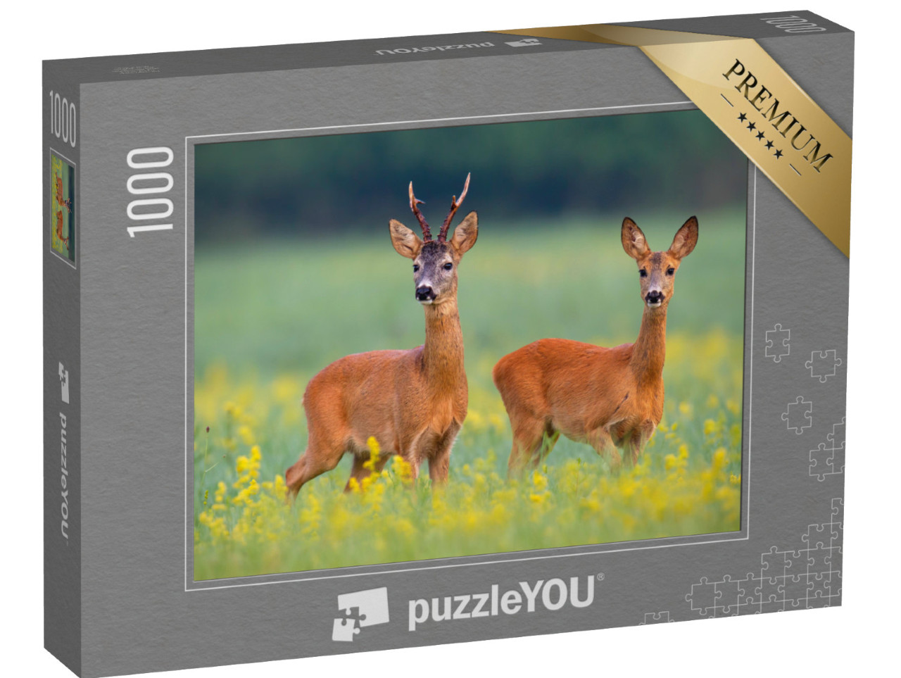 Puzzle 1000 Teile „Rehwild auf einem Feld voller gelben Wildblumen“