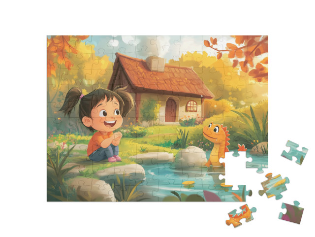Puzzle 100 Teile „Das Mädchen und ihr kleiner Drache im Märchenland“