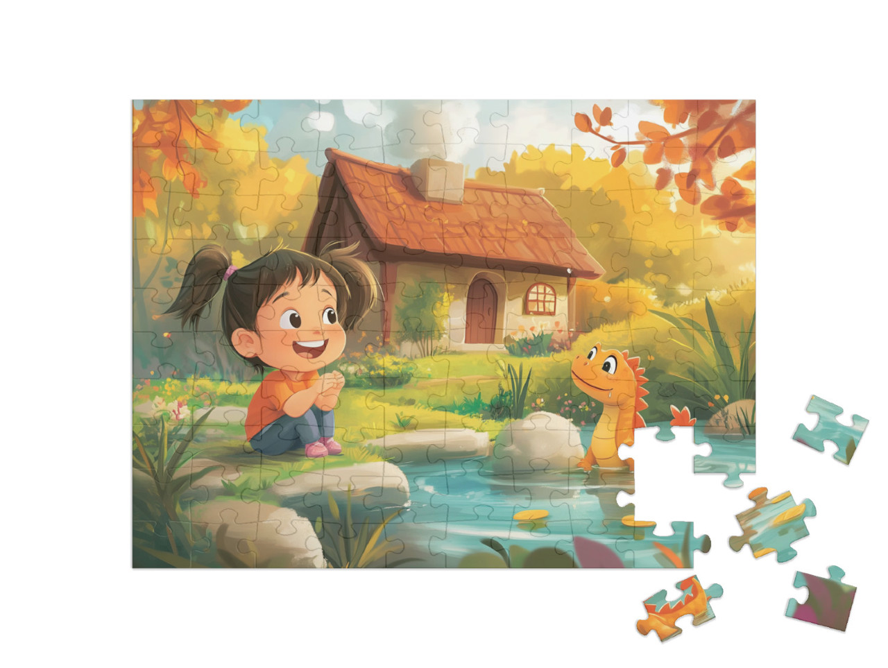 Puzzle 100 Teile „Das Mädchen und ihr kleiner Drache im Märchenland“