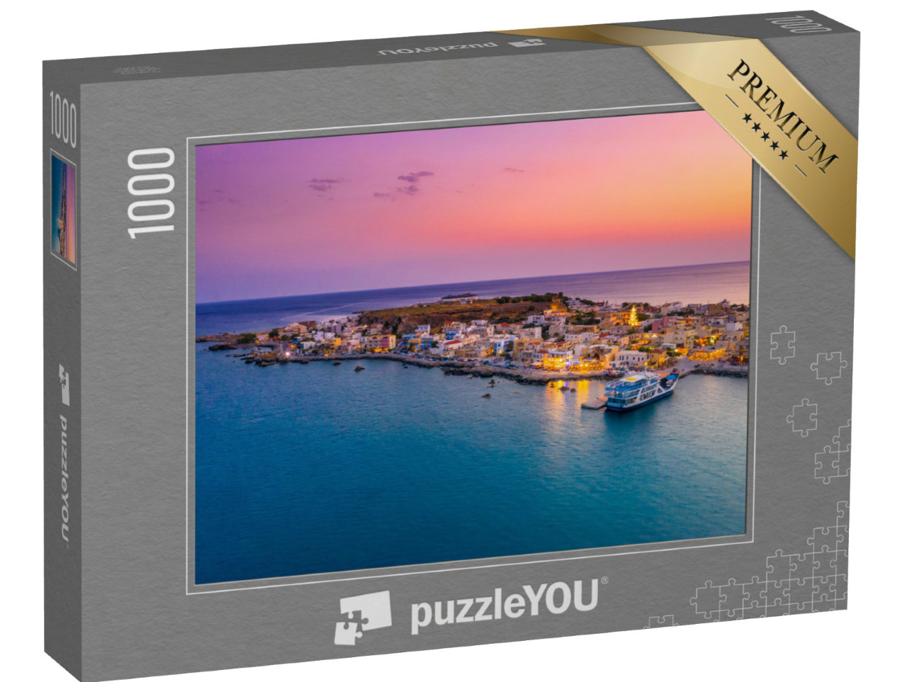 Puzzle 1000 Teile „Ansicht des traditionellen Dorfes Paleochora bei Sonnenuntergang, Chania, Kreta“