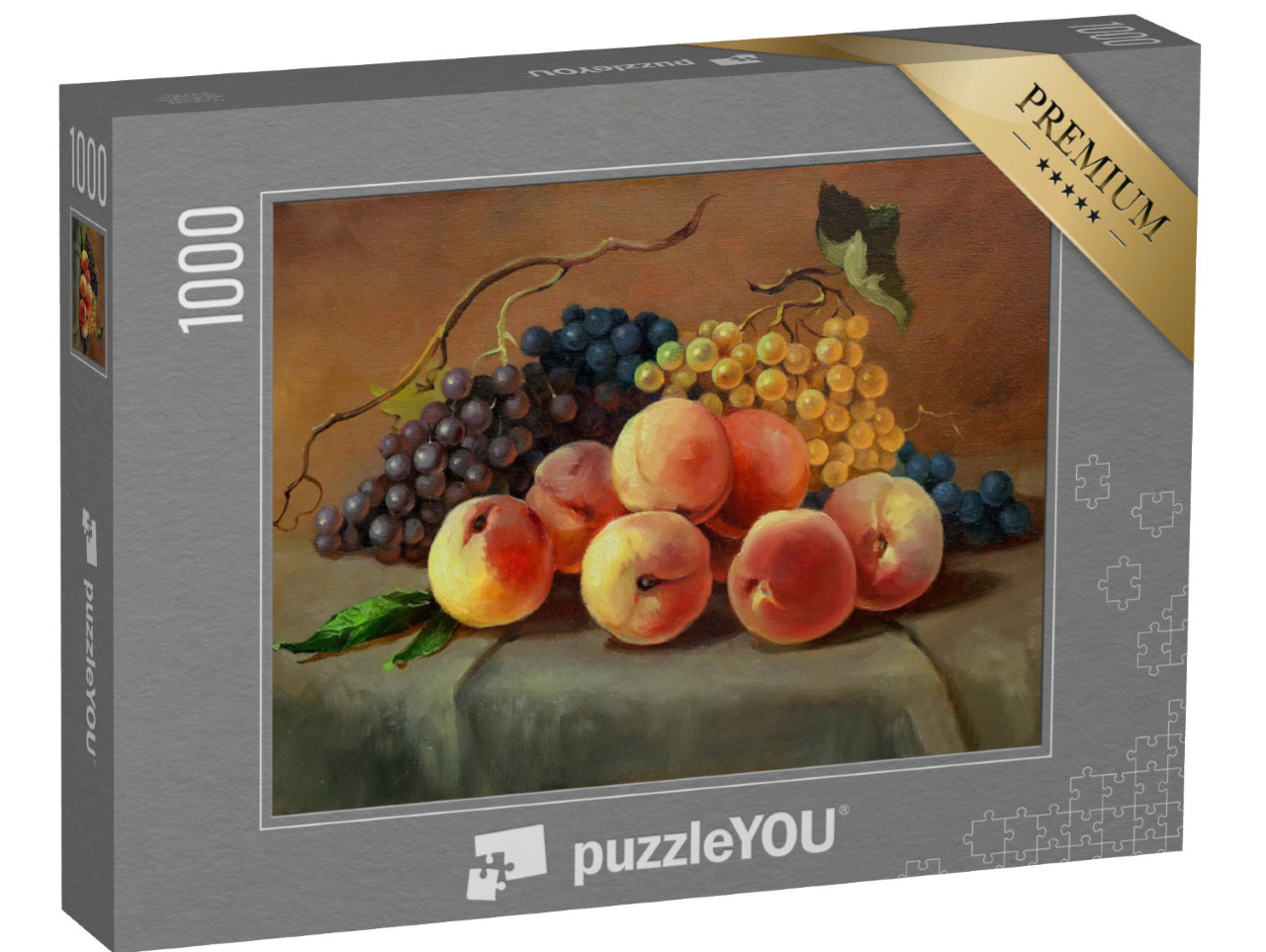 Puzzle 1000 Teile „Reife, saftige Pfirsiche und Weintrauben auf dem Tisch, Ölgemälde auf Leinwand“