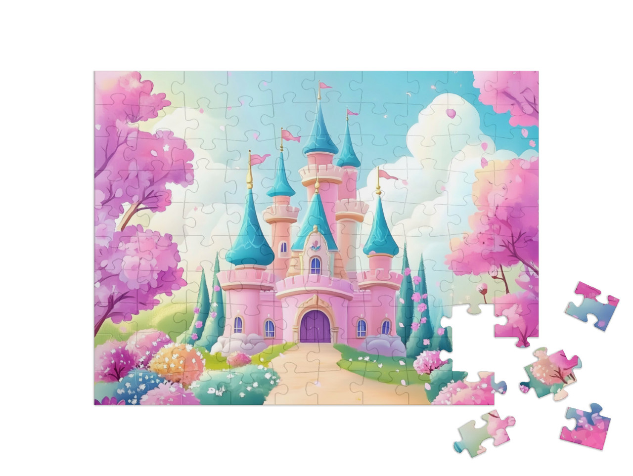 Puzzle 100 Teile „Ein rosa Prinzessinnenschloss im magischen Märchenland“