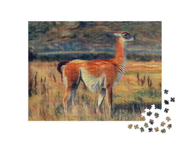 Puzzle 1000 Teile „im Stil von Edvard Munch, Der Schrei - Guanaco im Torres del Paine Nationalpark“