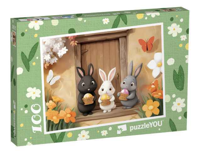 Puzzle 100 Teile „Die Hasenkinder haben ihr Osternest gefunden“