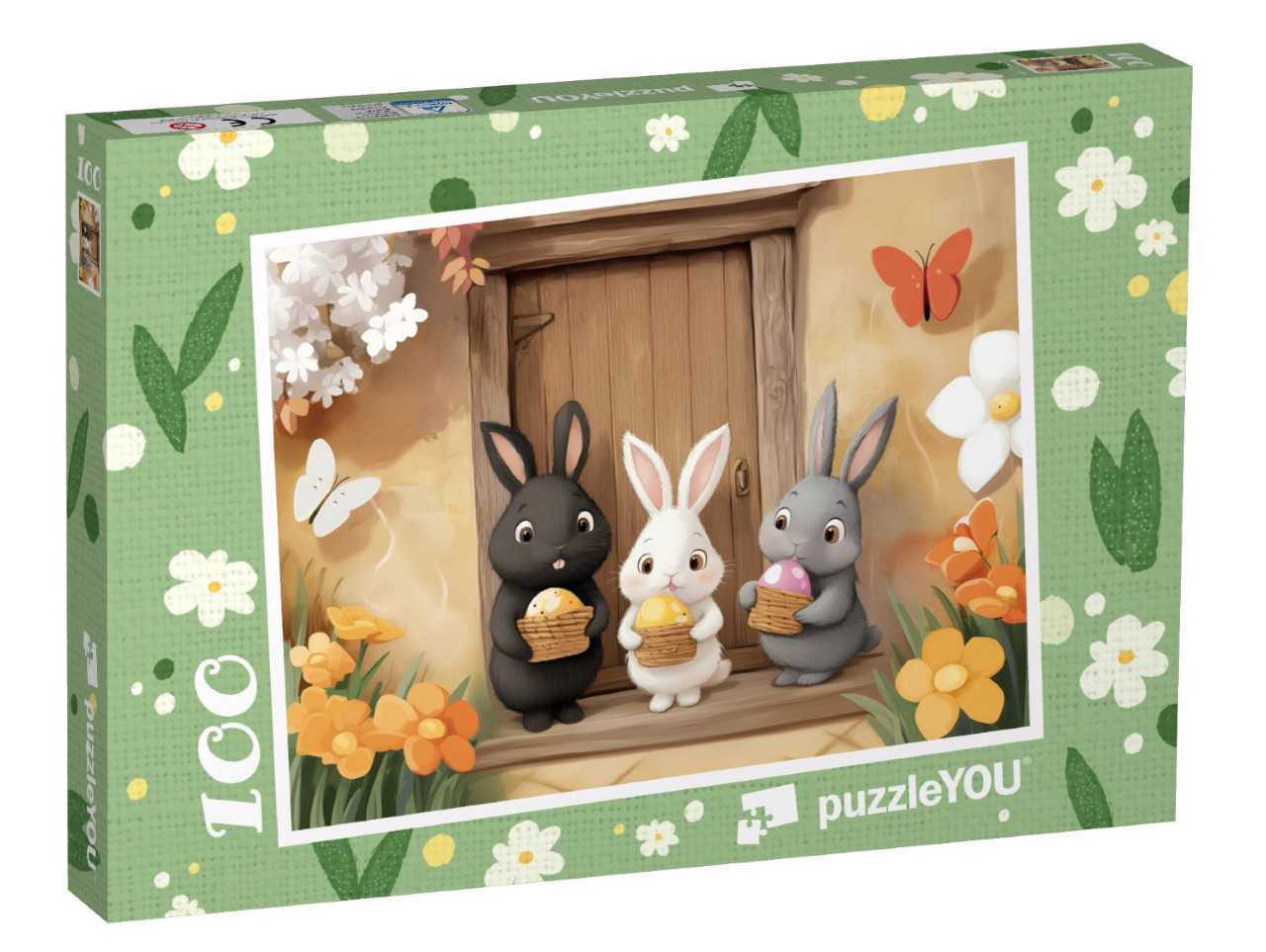 Puzzle 100 Teile „Die Hasenkinder haben ihr Osternest gefunden“