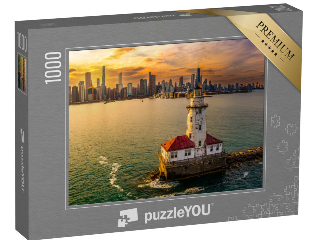 Puzzle 1000 Teile „Chicago: Hafen und Leuchtturm bei Sonnenuntergang“