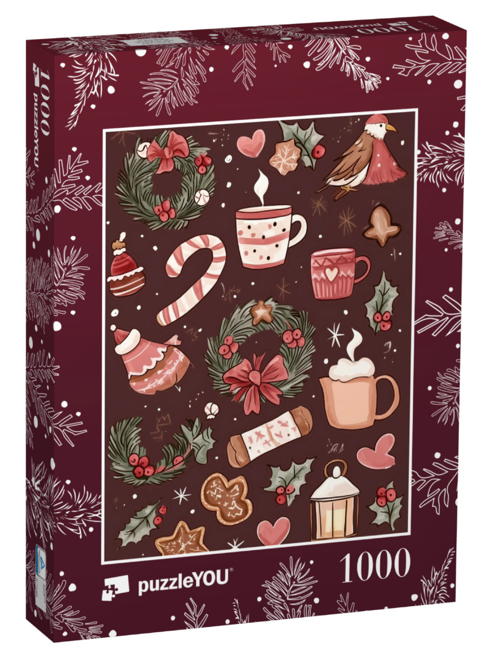 Puzzle 1000 Teile „Weihnachtsstimmung: Adventskranz, Zuckerstangen, Kakao, Plätzchen“