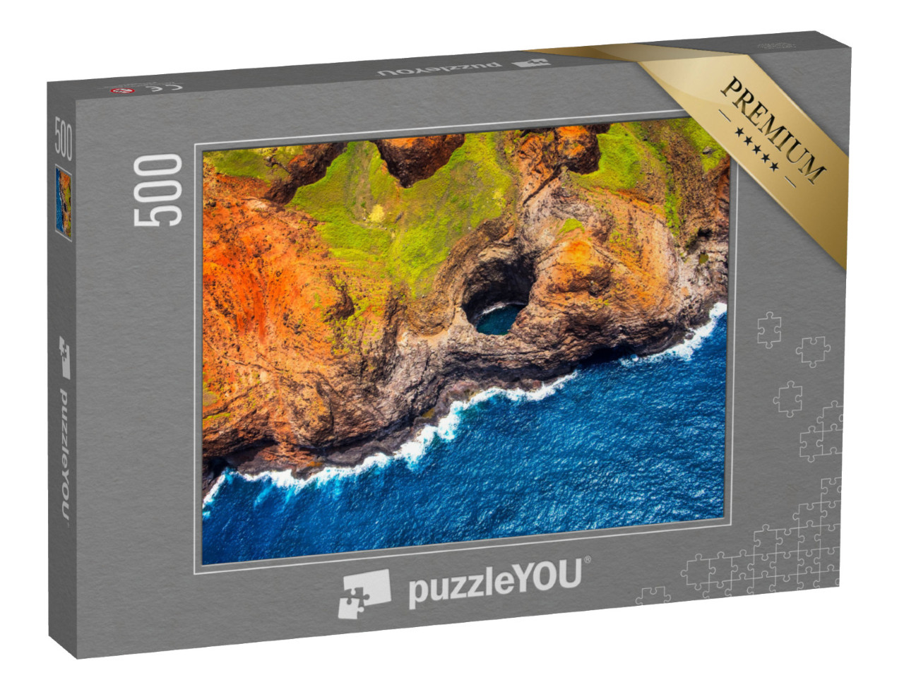 Puzzle 500 Teile „Luftaufnahme der Na-Pali-Küste mit offener Höhle aus dem Hubschrauber, Kauai, Hawaii“