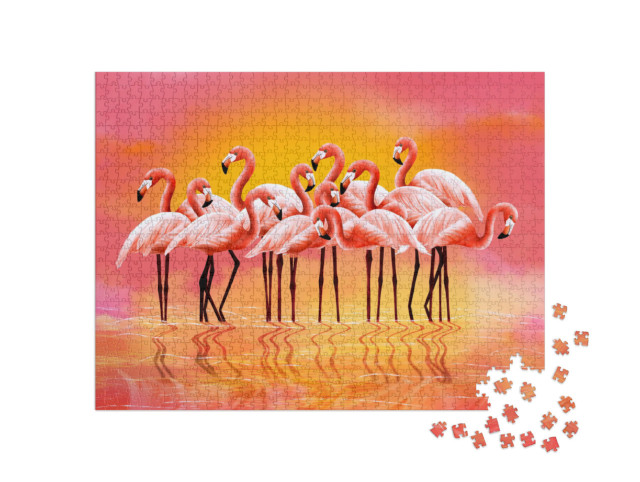 Puzzle 1000 Teile „Digitale Illustration: Panorama von rosa Flamingos“