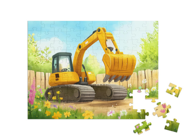 Puzzle 100 Teile „Bagger, Blumen und blauer Himmel“