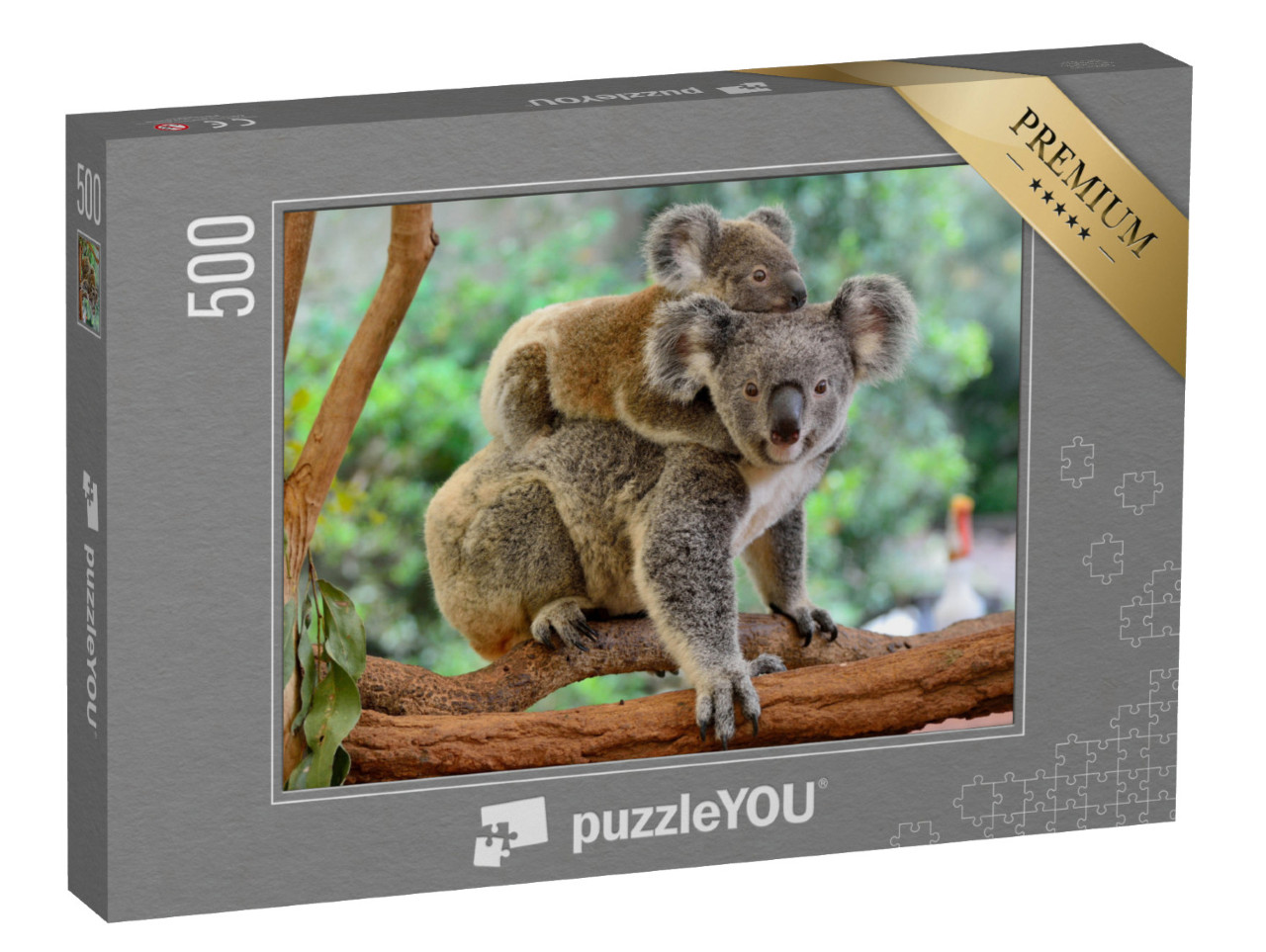 Puzzle 500 Teile „Koala-Mutter mit Baby auf dem Rücken auf einem Eukalyptusbaum“