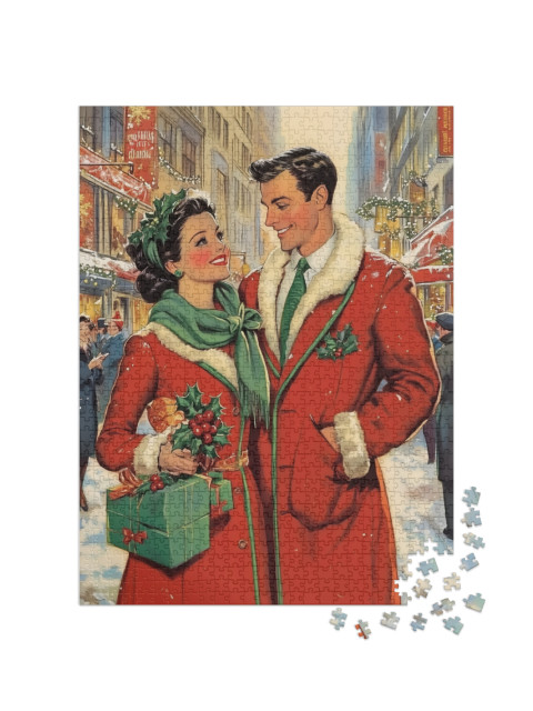 Puzzle 1000 Teile „Vintage Christmas Design: Liebespaar beim Weihnachtsshopping“