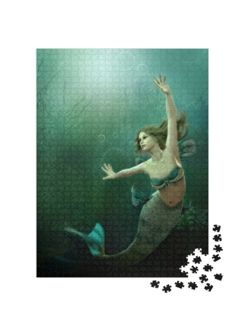 Puzzle 1000 Teile „Digitale Kunst: Tanzende Meerjungfrau im grünschimmernden Meer“