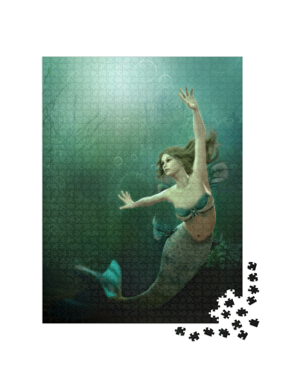 Puzzle 1000 Teile „Digitale Kunst: Tanzende Meerjungfrau im grünschimmernden Meer“