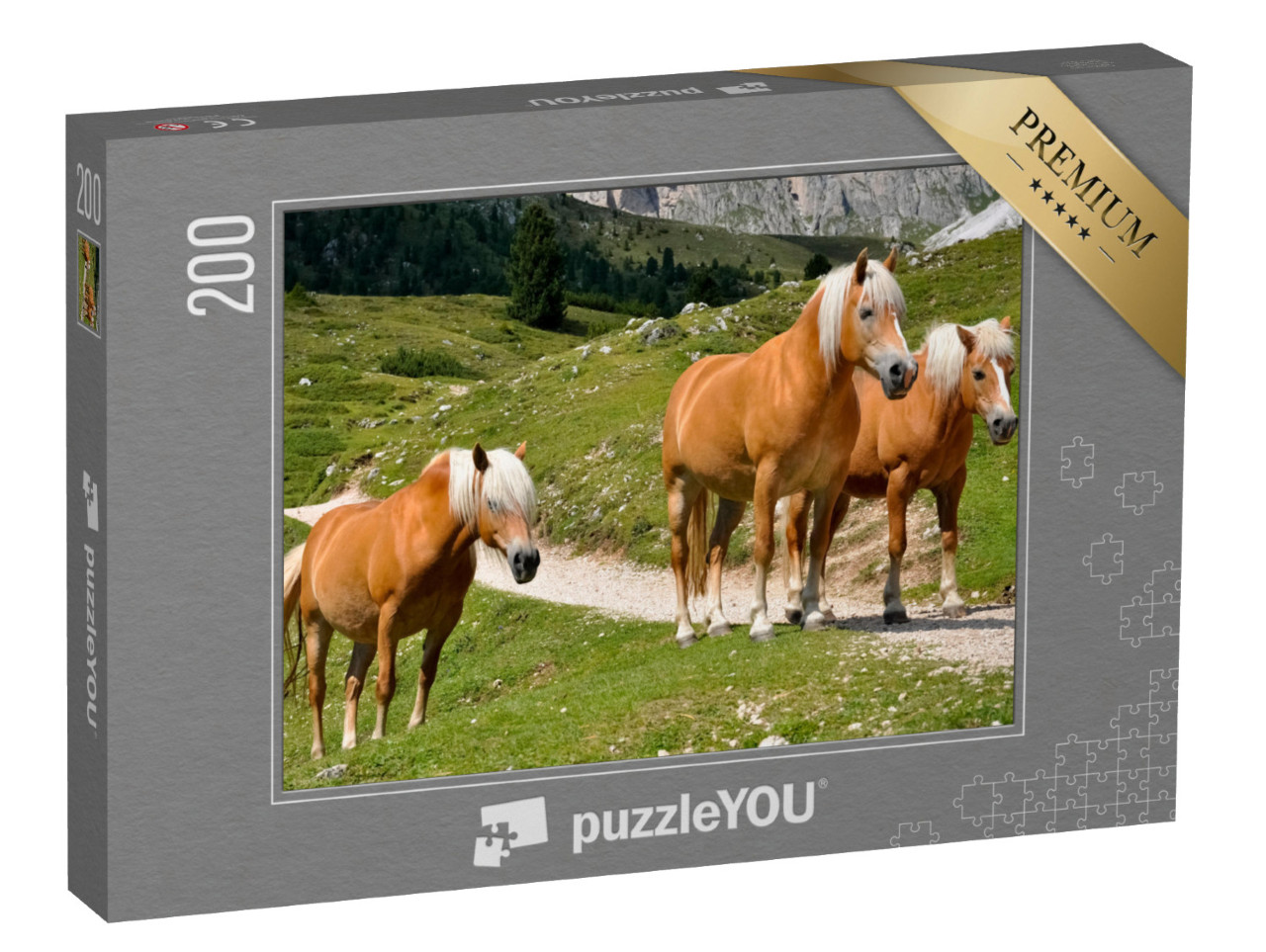 Puzzle 200 Teile „Drei Haflingerpferde auf einer Alm in Südtirol, Italien“