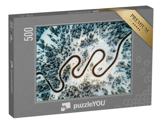 Puzzle 500 Teile „Vogelperspektive: Bergstraße in den winterlichen Dolomiten“