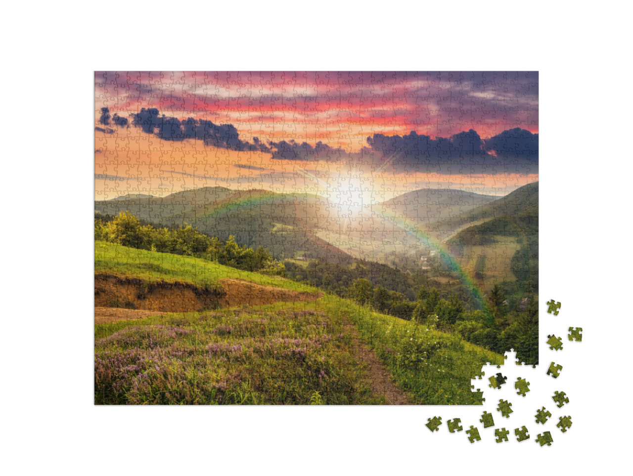 Puzzle 1000 Teile „Regenbogen im Sonnenuntergang über waldbewachsenen Hügeln“