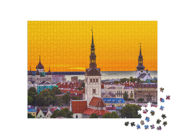 Puzzle 1000 Teile „Skyline von Tallinn bei Sonnenuntergang, Estland“