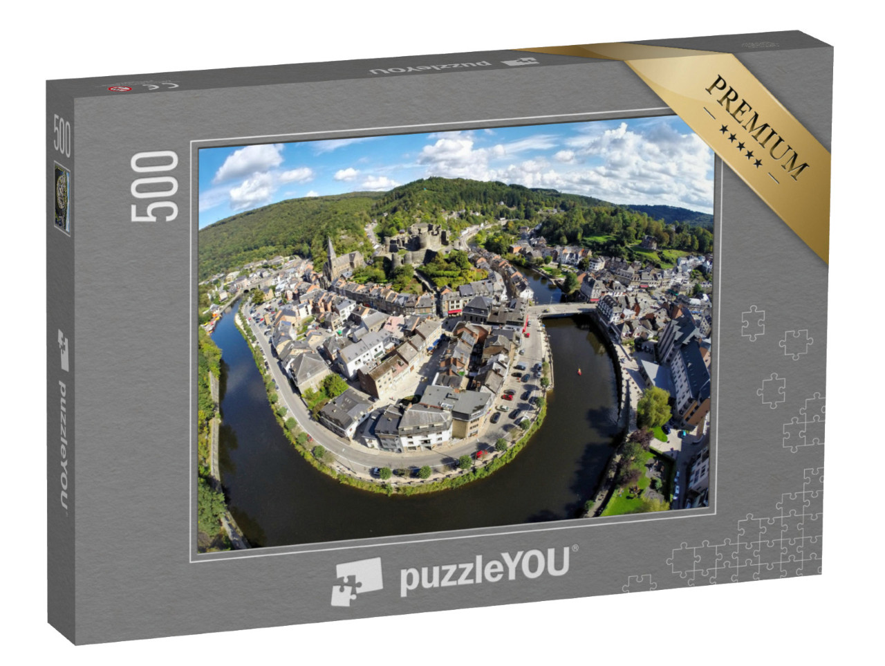 Puzzle 500 Teile „Luftaufnahme der belgischen Stadt La Roche-en-Ardenne mit Fluss Ourthe“