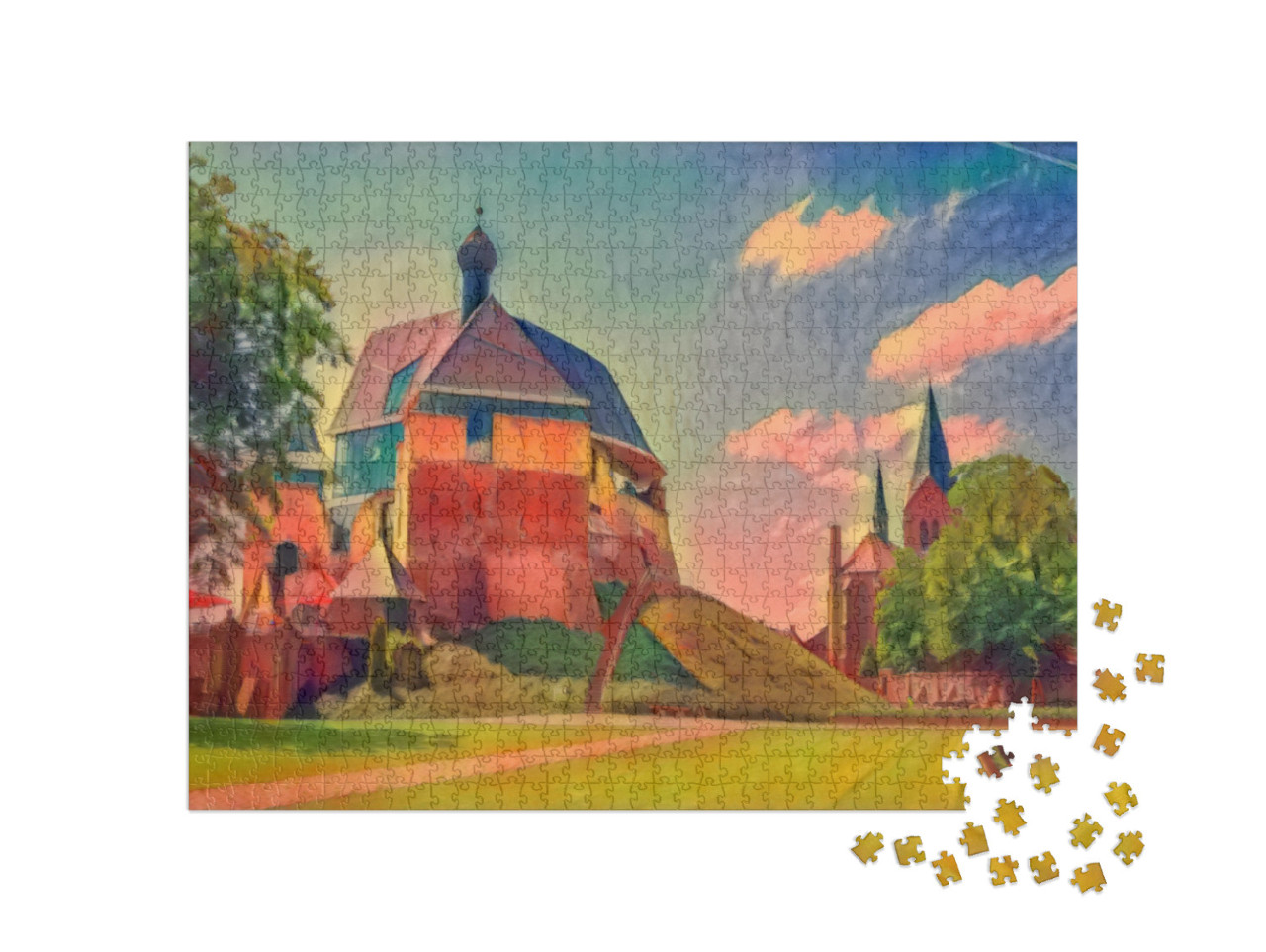 Puzzle 1000 Teile „im Kunst-Stil von Franz Marc - Schloss und Kirche in Keverburg an der Maas, Niederlande“