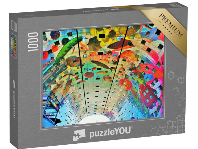 Puzzle 1000 Teile „Bunt bemalte Gewölbedecke Markthalle im Zentrum von Rotterdam, Niederlande“