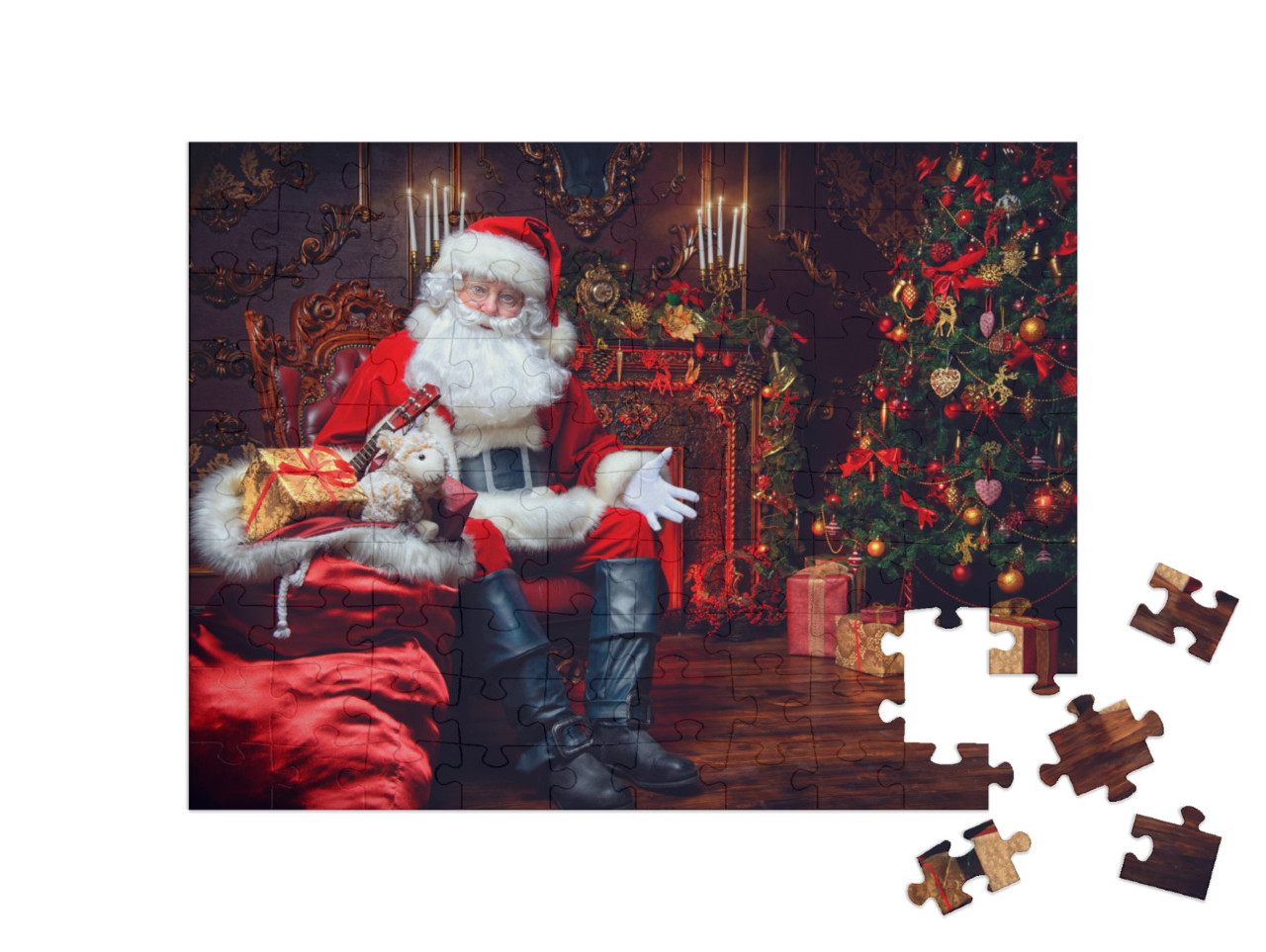 Puzzle 100 Teile „Weihnachtsmann am Kamin“