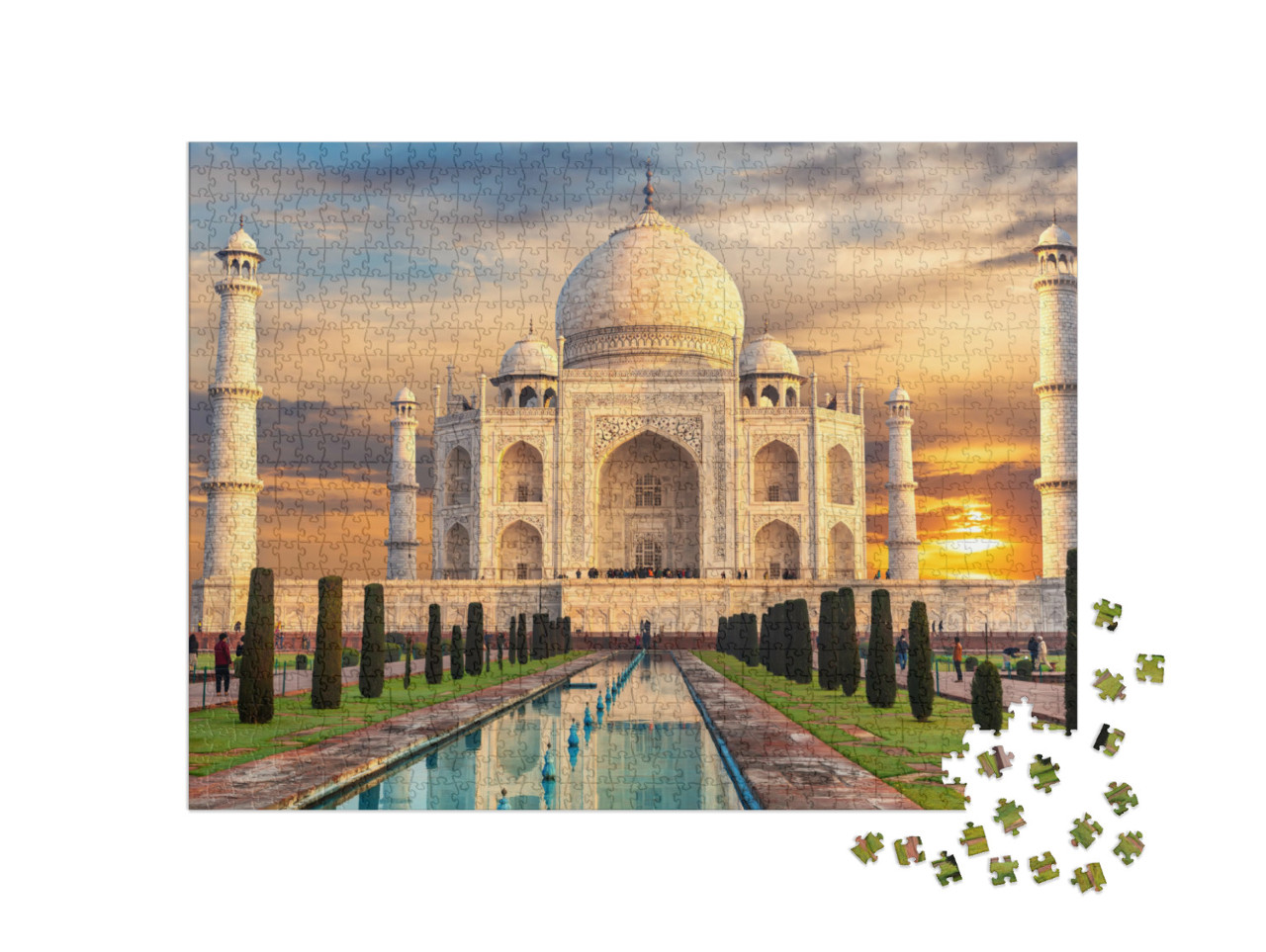 Puzzle 1000 Teile „Taj Mahal bei Sonnenuntergang, berühmte Sehenswürdigkeit, Indien, Agra“