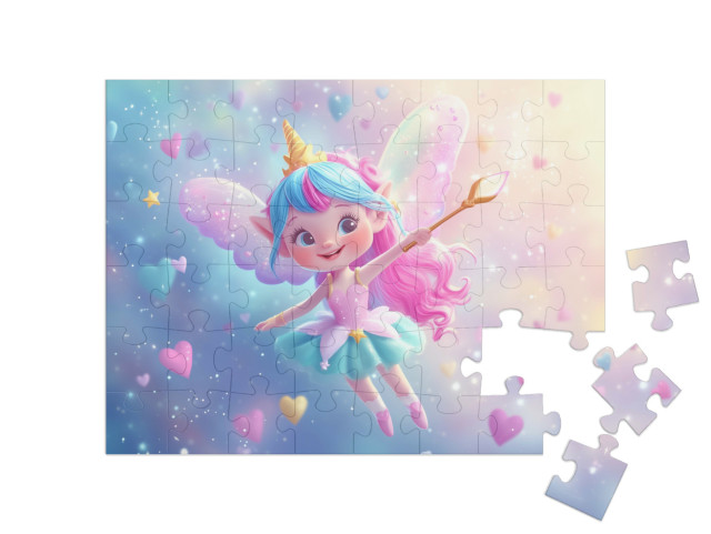 Puzzle 48 Teile „Fliegende Zauberfee im blau-rosa Herzenhimmel“