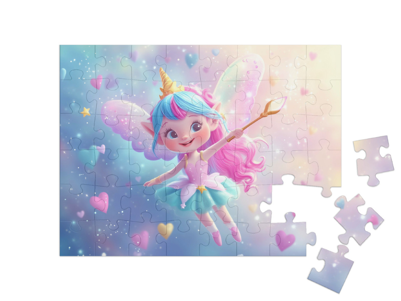 Puzzle 48 Teile „Fliegende Zauberfee im blau-rosa Herzenhimmel“