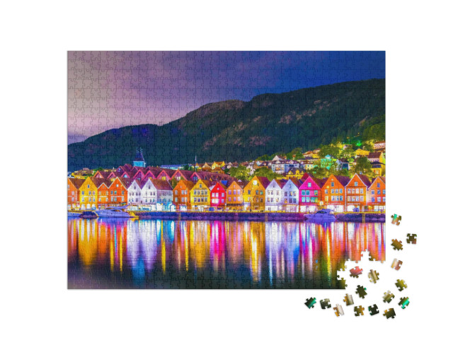 Puzzle 1000 Teile „Abendliche Beleuchtung des Holzviertels Bryggen in Bergen, Norwegen“