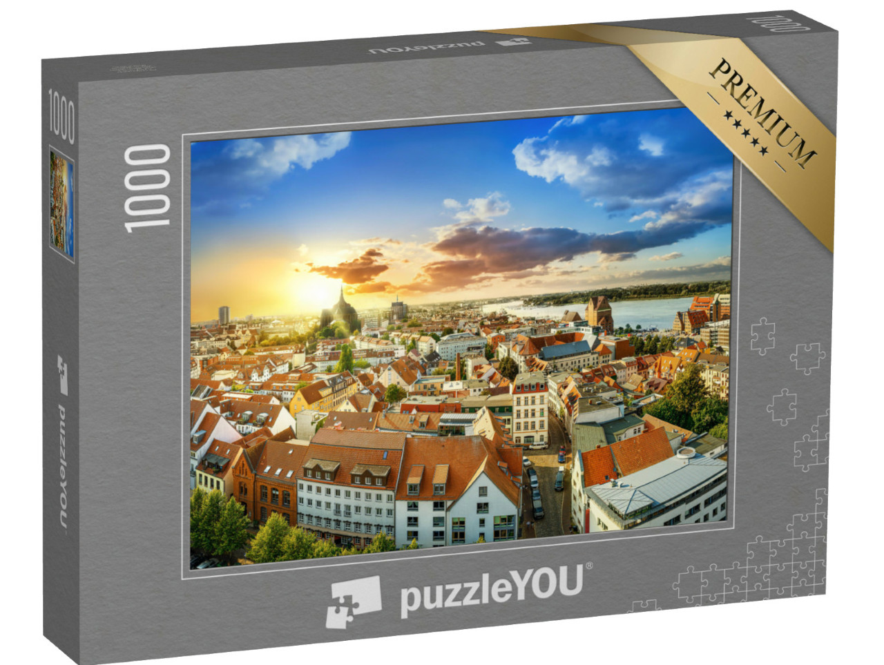 Puzzle 1000 Teile „Innenstadt von Rostock bei Sonnenuntergang, Deutschland“