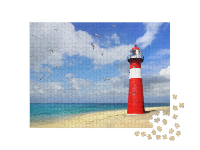 Puzzle 1000 Teile „Wunderschöner Leuchtturm am Strand von Westkapelle, Niederlande“