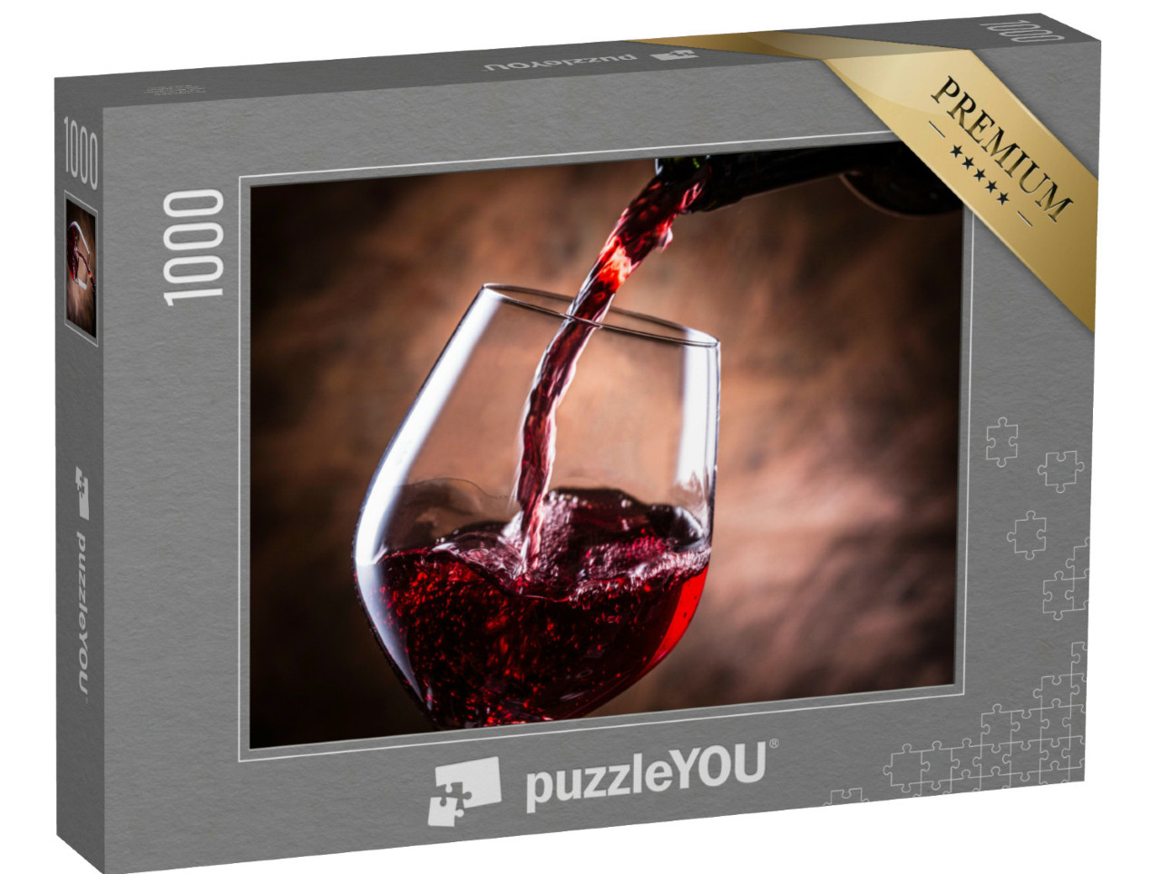 Puzzle 1000 Teile „Rotwein einschenken, Flasche, Glas, verschwommener Hintergrund“