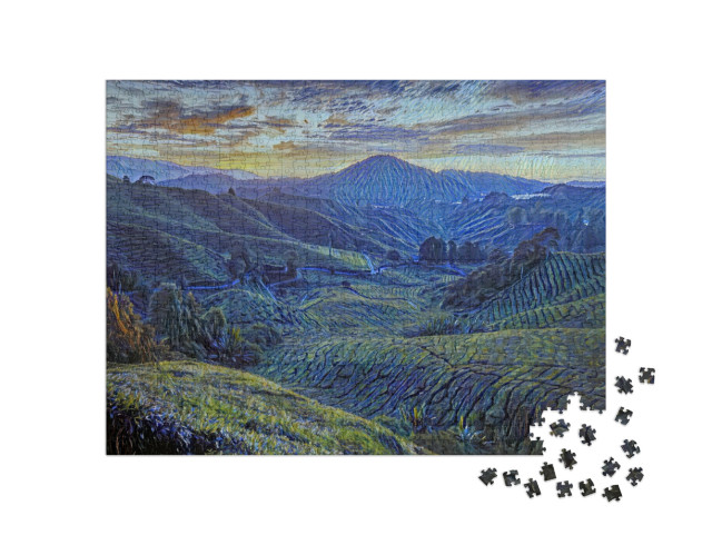 Puzzle 1000 Teile „im Kunst-Stil von van Gogh, Sternennacht - Sungai Palas Teeplantage in Cameron Highlands, Pahang, Malaysia“