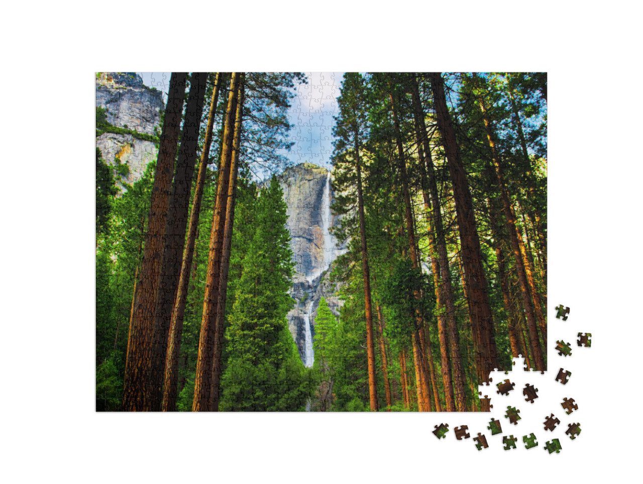 Puzzle 1000 Teile „Yosemite Wasserfälle hinter Sequoias in Yosemite National Park, Kalifornien“
