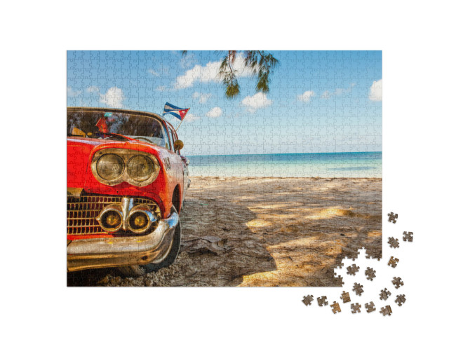 Puzzle 1000 Teile „Amerikanischer Oldtimer am Strand Cayo Jutias auf Kuba“